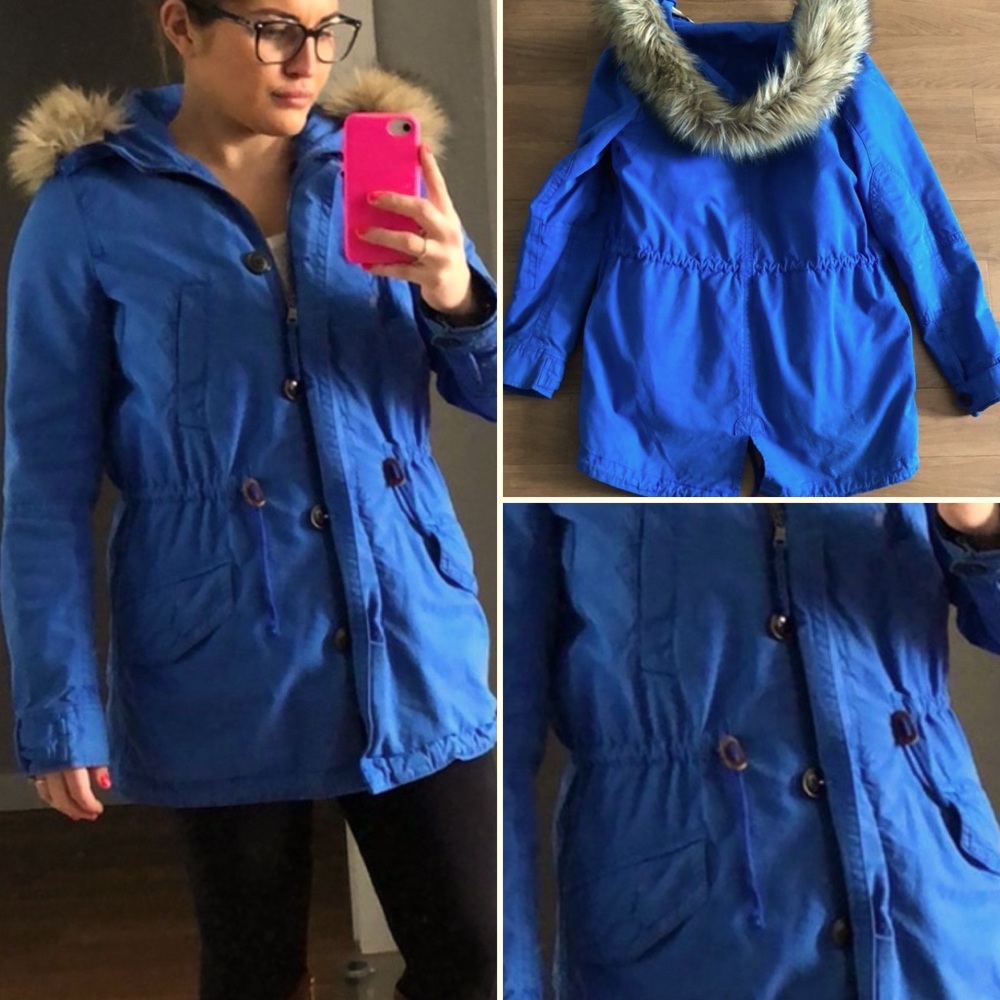 Blue xs Gap Jacket, fur trimmed hood- GUC
